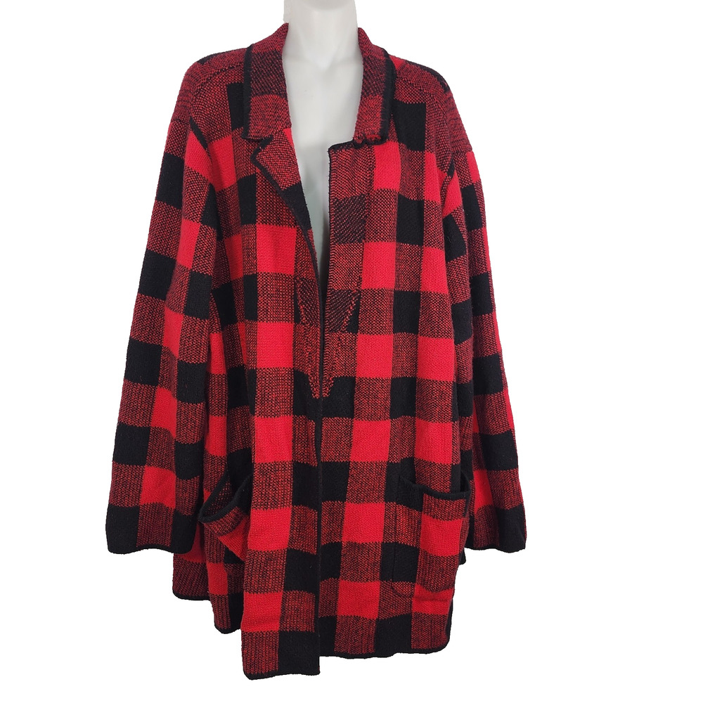 Talbots Plus Womens Cardigan Sweater Red Black Buffalo Check Plaid Open Front 3X